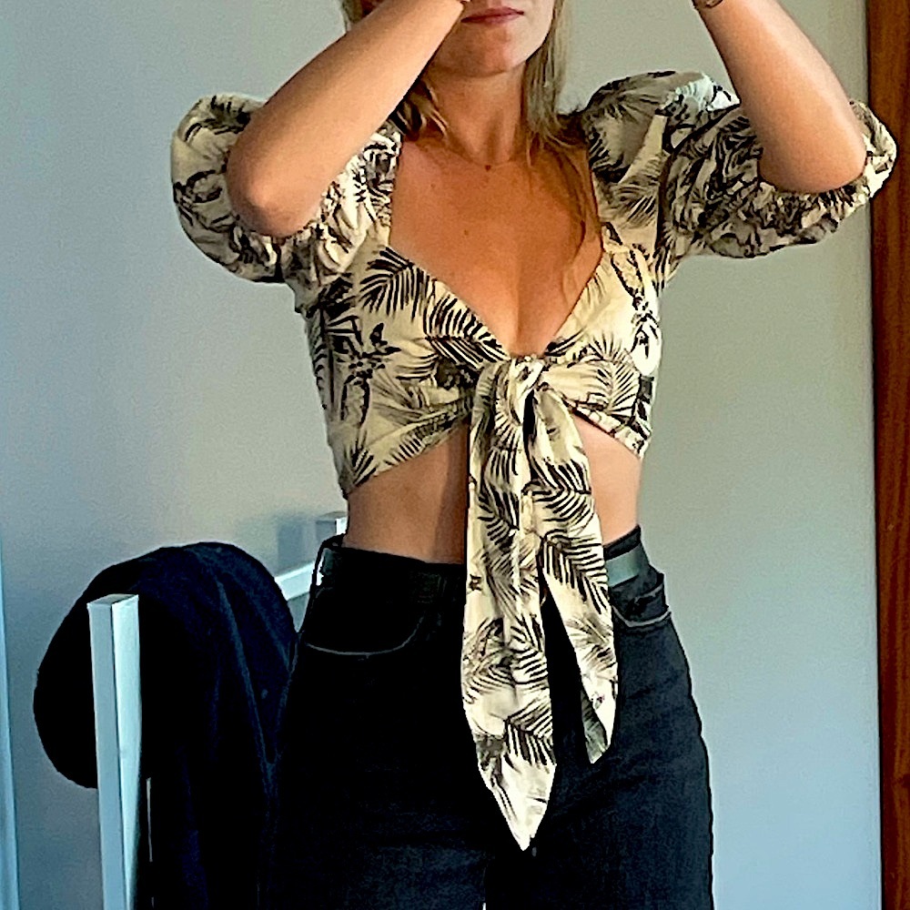 Olivaceous Black and Cream Tie-Front Blouse